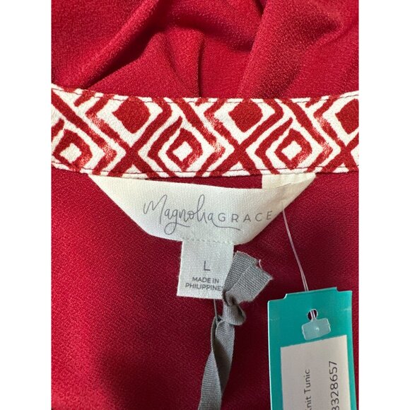 Magnolia Grace Zendaya Handkerchief Hemline Tunic Red W/ Geometric Trim Sz L - Picture 5 of 10